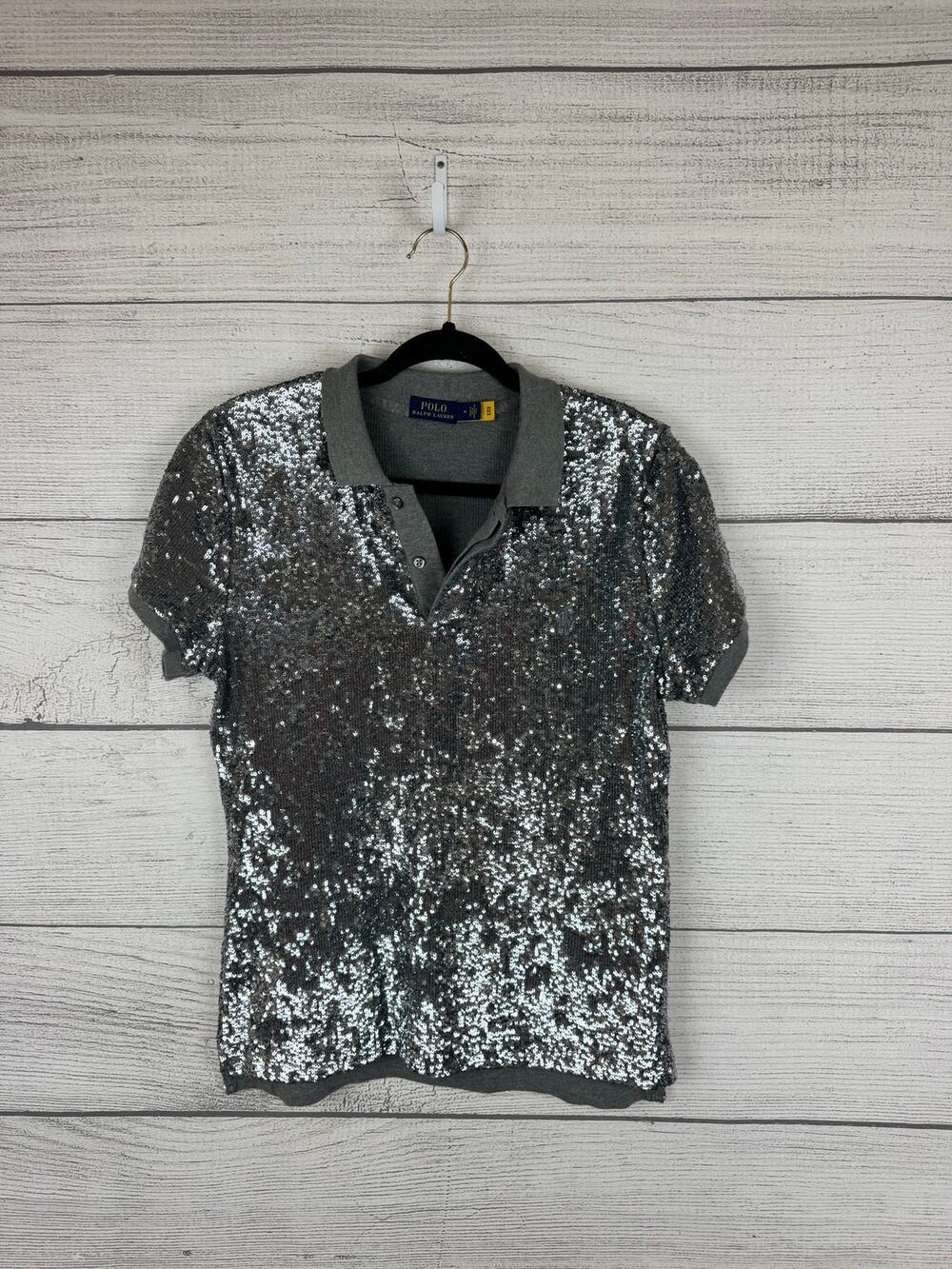 Polo Ralph Lauren Women's Gray Silver Sequin Polo Short Sleeve Top Size Medium